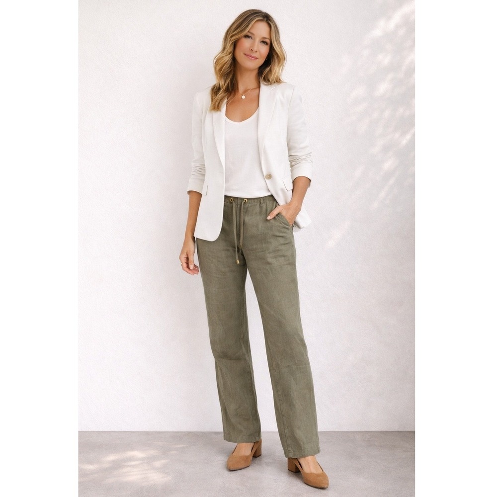 NWOT Ellen Tracy 100% Linen‎ Wide Leg Pants Olive Green Basic Minimalist L